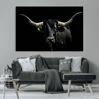 37531960-MGV-CV-36X24-Black Longhorn Bull Wall Art – Dramatic Western Cattle Canvas Print, Rustic Farmhouse Animal Artwork for Living Room, Bedroom,