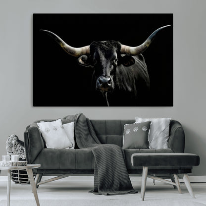 37531960-MGV-CV-36X24-Black Longhorn Bull Wall Art – Dramatic Western Cattle Canvas Print, Rustic Farmhouse Animal Artwork for Living Room, Bedroom,