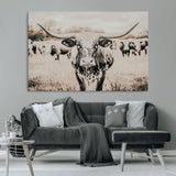 27497342-MGV-CV-36X24-Texas Longhorn Wall Art Canvas Print, Framed Speckled Cow Art Picture Print, Horned Cattle Perfect Rustic Western Decor Artwork