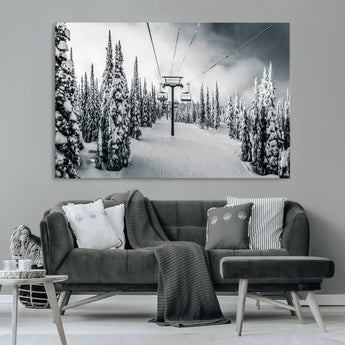 31156828-MGV-CV-36X24-Snowy Pines Wall Art Canvas Print, Framed Ski Lift Art Picture Print, Winter Forest Perfect Moody Lodge Decor Artwork