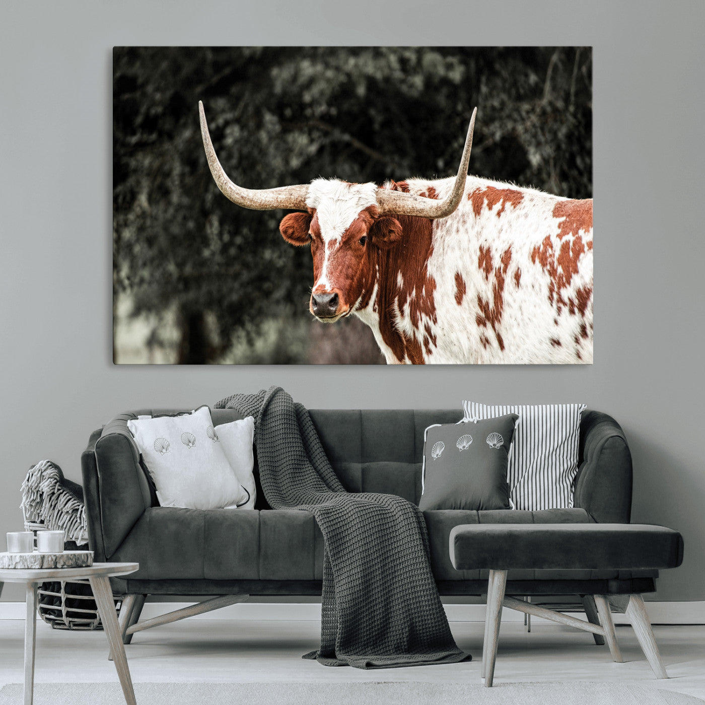 54027638-MGV-CV-36X24-Texas Longhorn Wall Art Canvas Print, Framed Spotted Cow Art Picture Print, Horned Bull Perfect Rustic Western Decor Artwork