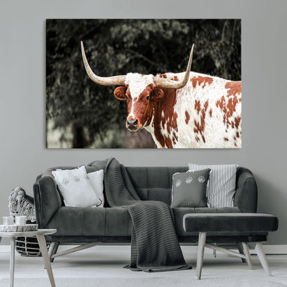 54027638-MGV-CV-36X24-Texas Longhorn Wall Art Canvas Print, Framed Spotted Cow Art Picture Print, Horned Bull Perfect Rustic Western Decor Artwork