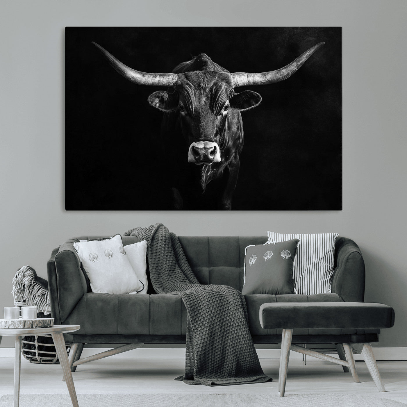 42077175-MGV-CV-36X24-Texas Longhorn Wall Art Canvas Print, Framed Monochrome Bull Art Picture Print, Horned Bull Perfect Rustic Western Decor Artwork