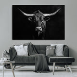 42077175-MGV-CV-36X24-Texas Longhorn Wall Art Canvas Print, Framed Monochrome Bull Art Picture Print, Horned Bull Perfect Rustic Western Decor Artwork