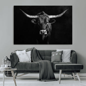 42077175-MGV-CV-36X24-Texas Longhorn Wall Art Canvas Print, Framed Monochrome Bull Art Picture Print, Horned Bull Perfect Rustic Western Decor Artwork