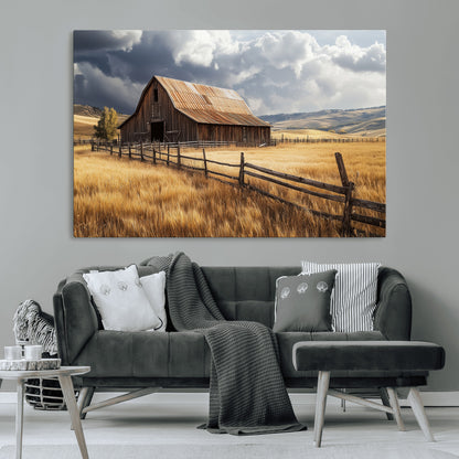 38758826-MGV-CV-36X24-Rustic Barn Wall Art Canvas Print, Framed Moody Barn Art Picture Print, Golden Field Perfect Rustic Farmhouse Decor Artwork