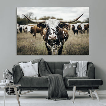 79025945-MGV-CV-36X24-Texas Longhorn Wall Art Canvas Print, Framed Speckled Cow Art Picture Print, Horned Cattle Perfect Rustic Western Decor Artwork