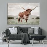 28309012-MGV-CV-36X24-Texas Longhorn Wall Art Canvas Print, Framed Spotted Cattle Art Picture Print, Horned Bull Perfect Rustic Western Decor Artwork
