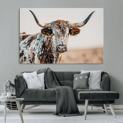 70414966-MGV-CV-36X24-Texas Longhorn Wall Art Canvas Print, Framed Speckled Cow Art Picture Print, Horned Bull Perfect Rustic Western Decor Artwork