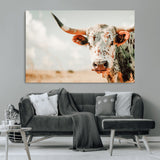 72766375-MGV-CV-36X24-Texas Longhorn Wall Art Canvas Print, Framed Spotted Cow Art Picture Print, Horned Cattle Perfect Rustic Western Decor Artwork