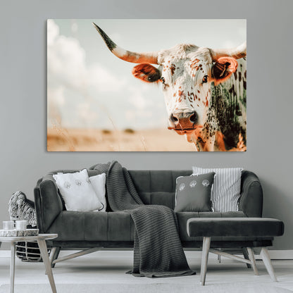 72766375-MGV-CV-36X24-Texas Longhorn Wall Art Canvas Print, Framed Spotted Cow Art Picture Print, Horned Cattle Perfect Rustic Western Decor Artwork