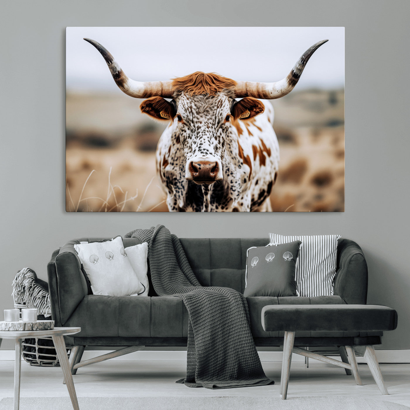 76294381-MGV-CV-36X24-Texas Longhorn Wall Art Canvas Print, Framed Spotted Cow Art Picture Print, Horned Cattle Perfect Rustic Western Decor Artwork
