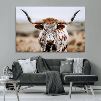 76294381-MGV-CV-36X24-Texas Longhorn Wall Art Canvas Print, Framed Spotted Cow Art Picture Print, Horned Cattle Perfect Rustic Western Decor Artwork