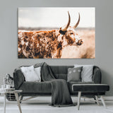 11528295-MGV-CV-36X24-Speckled Longhorn Wall Art Canvas Print, Framed Texas Cattle Art Picture Print, Horned Cow Perfect Rustic Western Decor Artwork