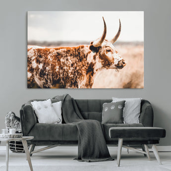 11528295-MGV-CV-36X24-Speckled Longhorn Wall Art Canvas Print, Framed Texas Cattle Art Picture Print, Horned Cow Perfect Rustic Western Decor Artwork