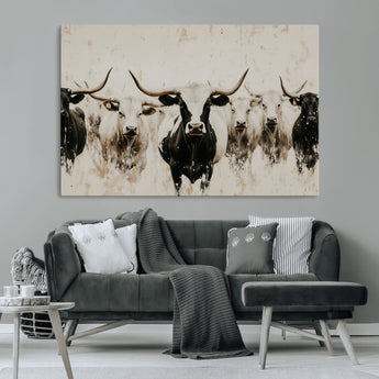 12027562-MGV-CV-36X24-Longhorn Cattle Wall Art Canvas Print, Framed Bison Herd Art Picture Print, Cattle Group Perfect Rustic Farmhouse Decor Artwork