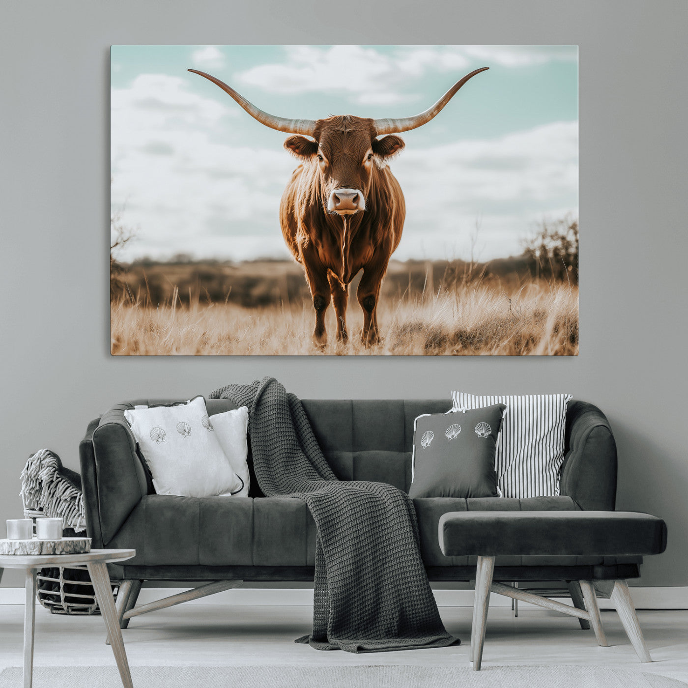 39350715-MGV-CV-36X24-Texas Longhorn Wall Art Canvas Print, Framed Longhorn Cow Art Picture Print, Western Cattle Perfect Rustic Western Decor Artwork