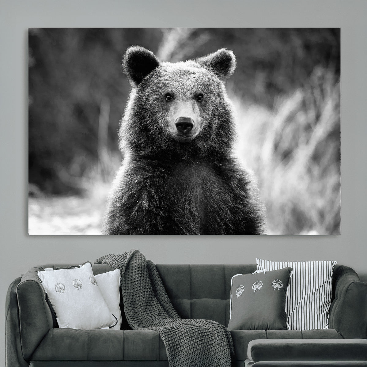 MGV-CV-36X24 - Grizzly Bear Wall Art Canvas Print, Framed Black White Bear Art Picture Print, Wild Bear Perfect Rustic Wildlife Decor Artwork