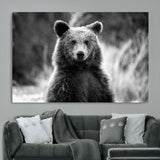 MGV-CV-36X24 - Grizzly Bear Wall Art Canvas Print, Framed Black White Bear Art Picture Print, Wild Bear Perfect Rustic Wildlife Decor Artwork