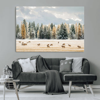 64188182-MGV-CV-36X24-Elk Herd Wall Art Canvas Print, Framed Snowy Forest Art Picture Print, Forest Elks Perfect Neutral Rustic Decor Artwork