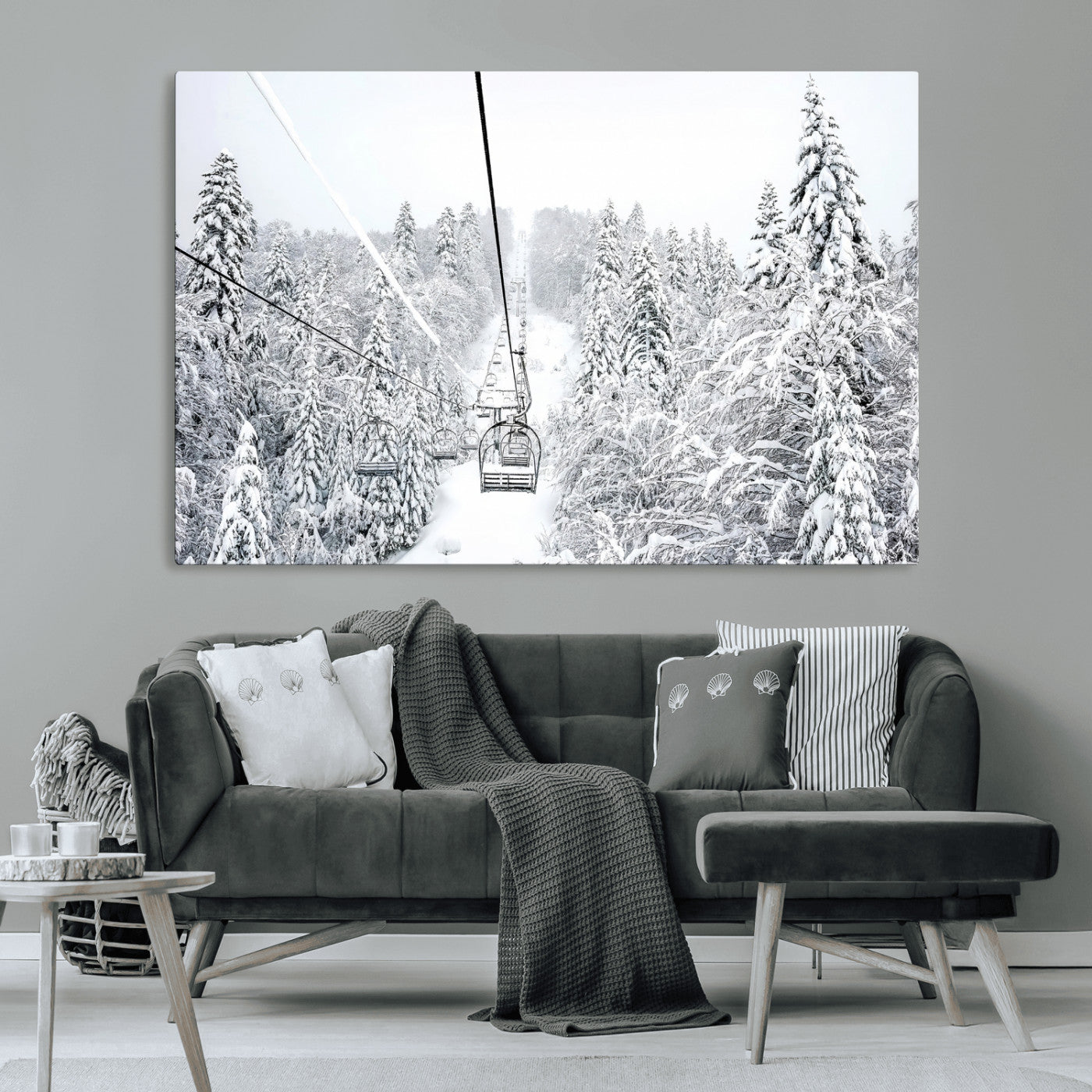 60296839-MGV-CV-36X24-Snowy Mountains Wall Art Canvas Print, Framed Ski Lift Art Picture Print, Winter Forest Perfect Winter Minimalist Decor Artwork