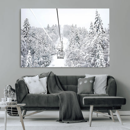 60296839-MGV-CV-36X24-Snowy Mountains Wall Art Canvas Print, Framed Ski Lift Art Picture Print, Winter Forest Perfect Winter Minimalist Decor Artwork
