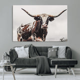 95249234-MGV-CV-36X24-Texas Longhorn Wall Art Canvas Print, Framed Spotted Bull Art Picture Print, Horned Cattle Perfect Rustic Farmhouse Decor Artwork