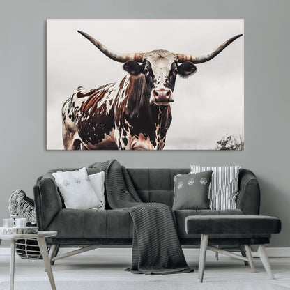95249234-MGV-CV-36X24-Texas Longhorn Wall Art Canvas Print, Framed Spotted Bull Art Picture Print, Horned Cattle Perfect Rustic Farmhouse Decor Artwork