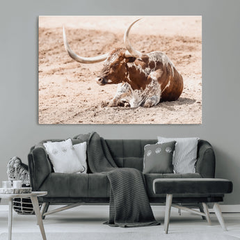 91248682-MGV-CV-36X24-Texas Longhorn Wall Art Canvas Print, Framed Resting Bull Art Picture Print, Spotted Cattle Perfect Rustic Western Decor Artwork