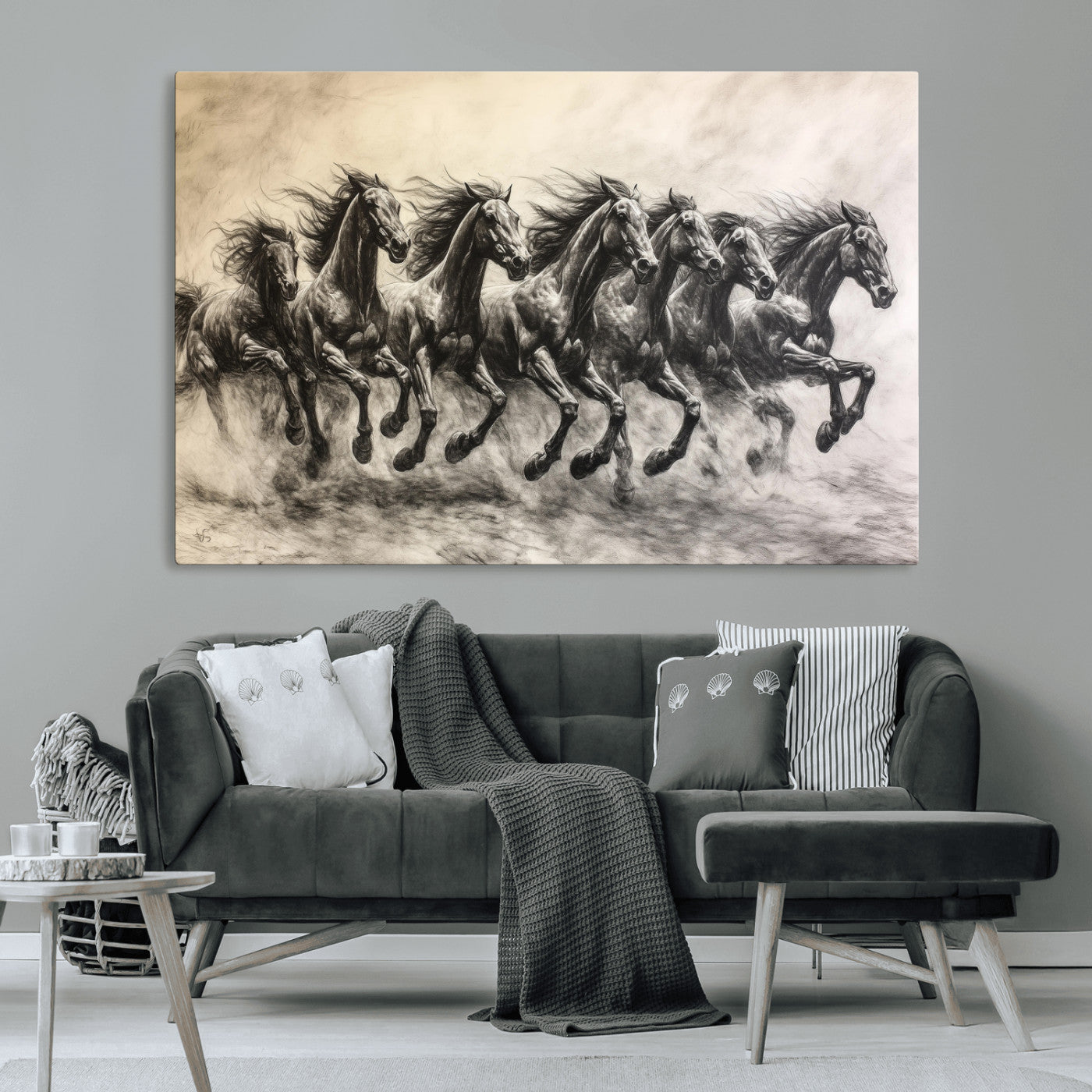 56089591-MGV-CV-36X24-Galloping Horses Wall Art Canvas Print, Framed Wild Stallions Art Picture Print, Horse Herd Sketch Perfect Monochrome Dynamic
