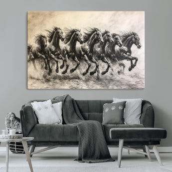 56089591-MGV-CV-36X24-Galloping Horses Wall Art Canvas Print, Framed Wild Stallions Art Picture Print, Horse Herd Sketch Perfect Monochrome Dynamic