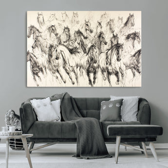 19433417-MGV-CV-36X24-Running Horses Wall Art Canvas Print, Framed Horse Sketch Art Picture Print, Galloping Herd Perfect Monochrome Western Decor