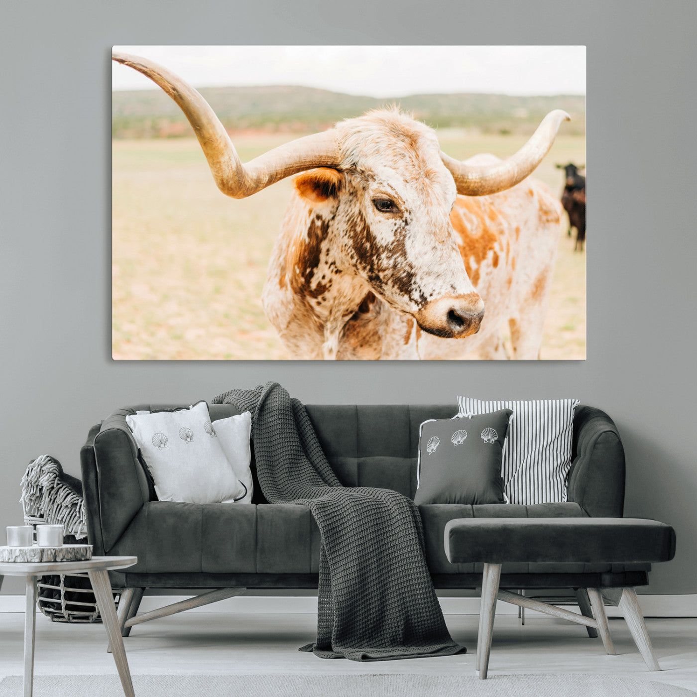21060648-MGV-CV-36X24-Texas Longhorn Wall Art Canvas Print, Framed Speckled Cow Art Picture Print, Rustic Bull Perfect Rustic Western Decor Artwork