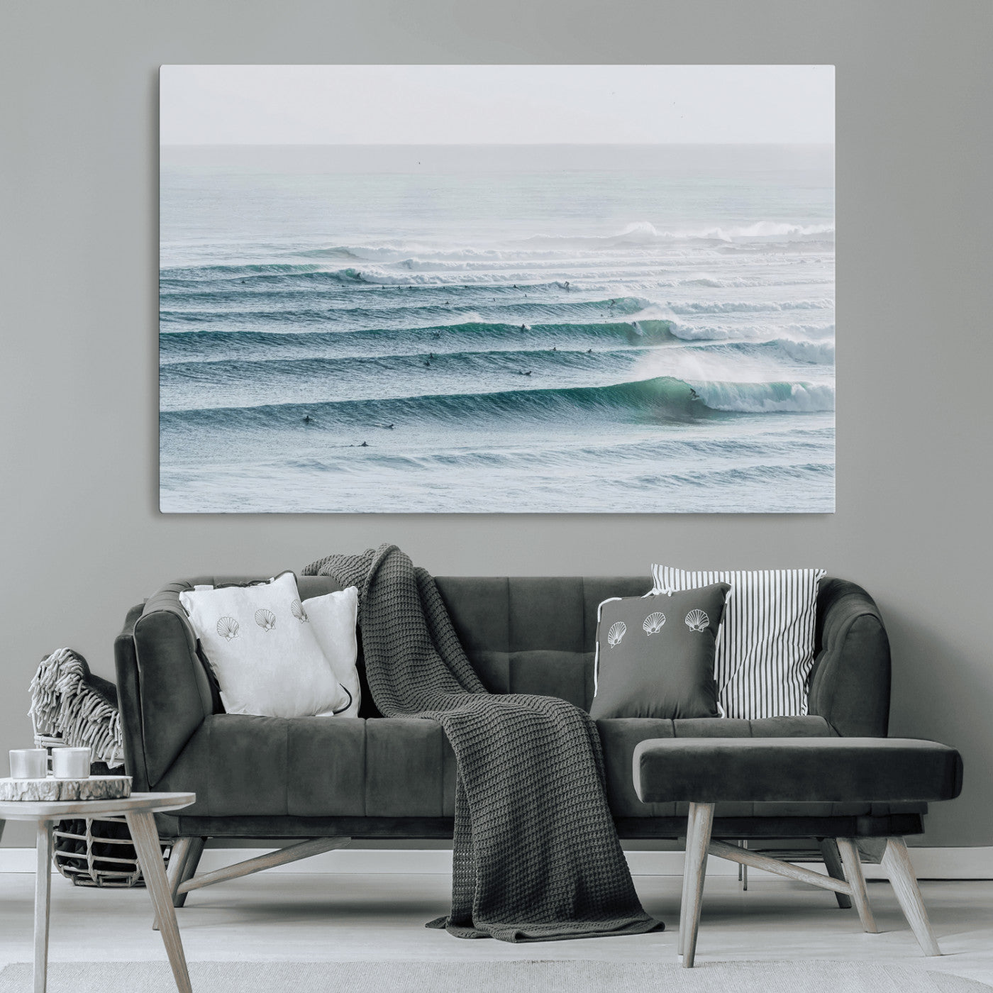 73969318-MGV-CV-36X24-Ocean Waves Wall Art Canvas Print, Framed Surfer Lineup Art Picture Print, Crowded Ocean Perfect Minimal Coastal Decor Artwork