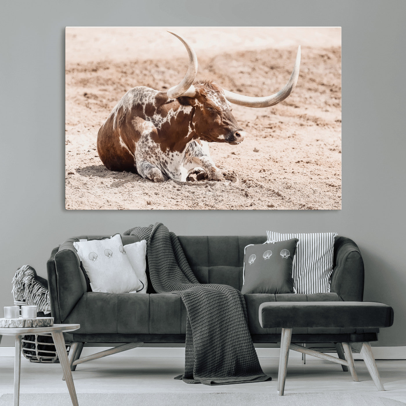 25407592-MGV-CV-36X24-Texas Longhorn Wall Art Canvas Print, Framed Resting Bull Art Picture Print, Spotted Cattle Perfect Rustic Western Decor Artwork