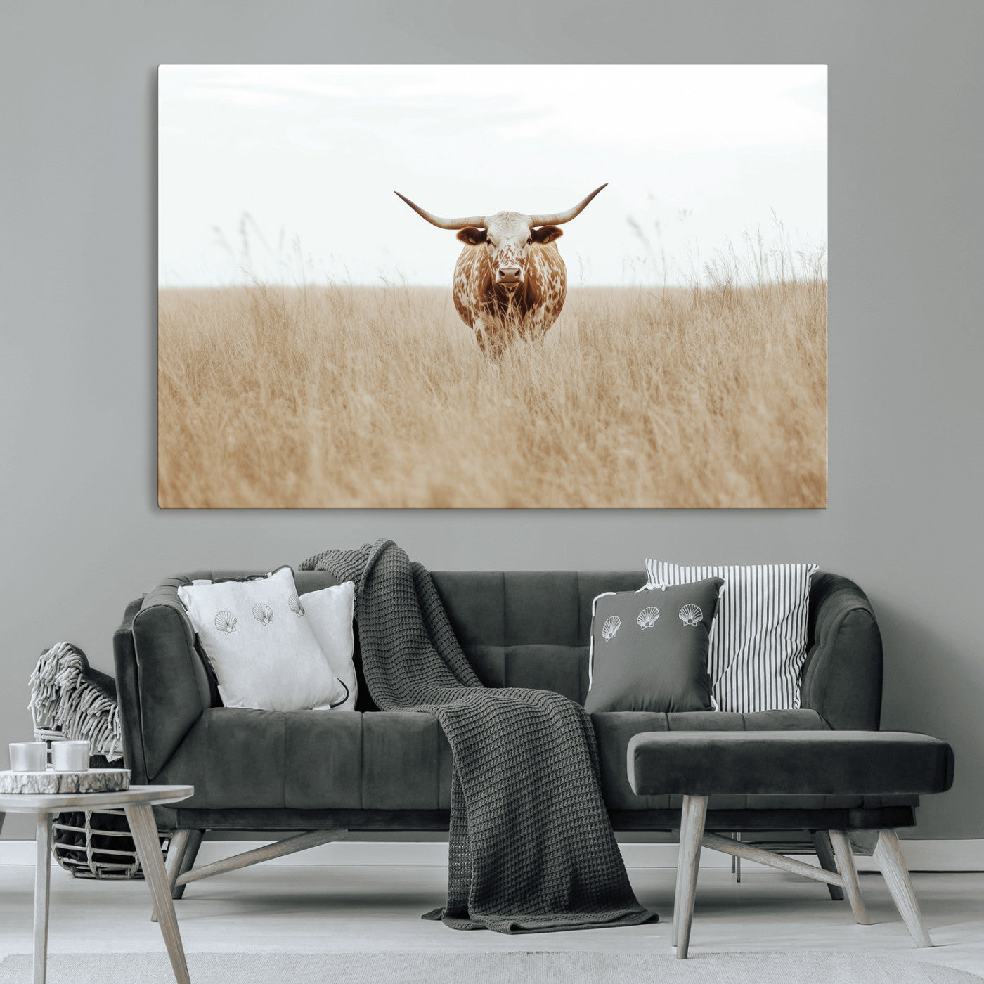 20927060-MGV-CV-36X24-Texas Longhorn Wall Art Canvas Print, Framed Lone Cattle Art Picture Print, Longhorn Bull Perfect Rustic Western Decor Artwork
