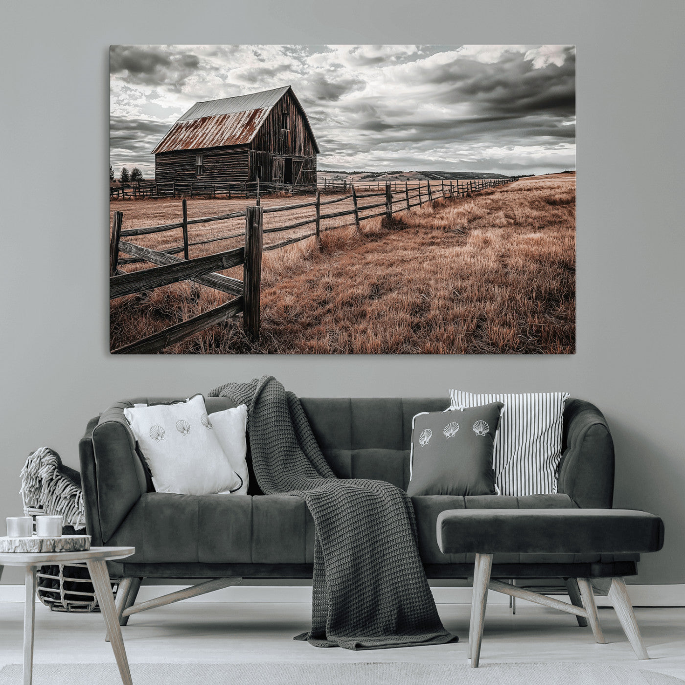 73898372-MGV-CV-36X24-Rustic Barn Wall Art Canvas Print, Framed Moody Field Art Picture Print, Weathered Fence Perfect Moody Farmhouse Decor Artwork