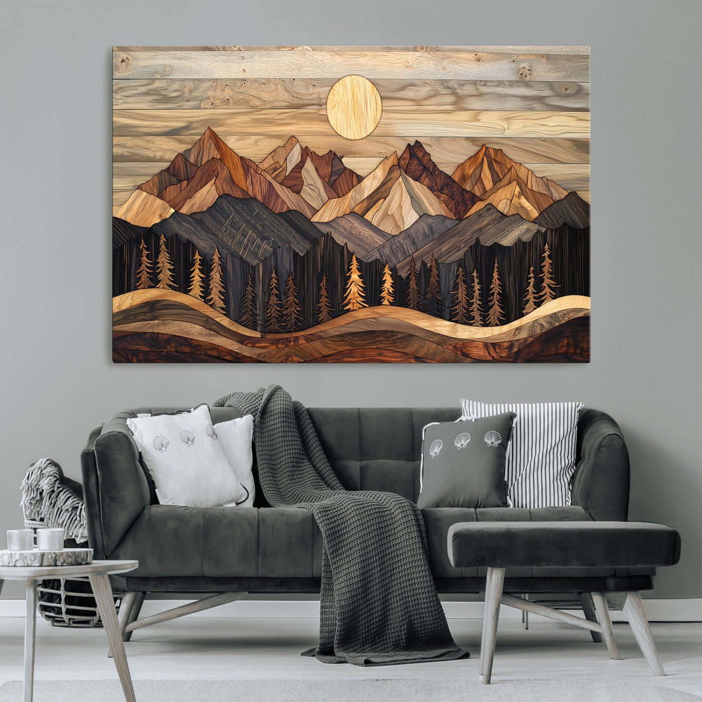 50100230-MGV-CV-36X24-Wooden Mountain Wall Art – Rustic Nature Landscape Canvas Print, Handmade Style Sun, Forest, and Peaks Artwork for Living Room,