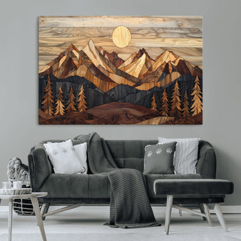 39116082-MGV-CV-36X24-Wood Mountain Landscape Wall Art Canvas Print, Framed Sunset Hills Art Picture Print, Abstract Nature Perfect Boho Decor Artwork