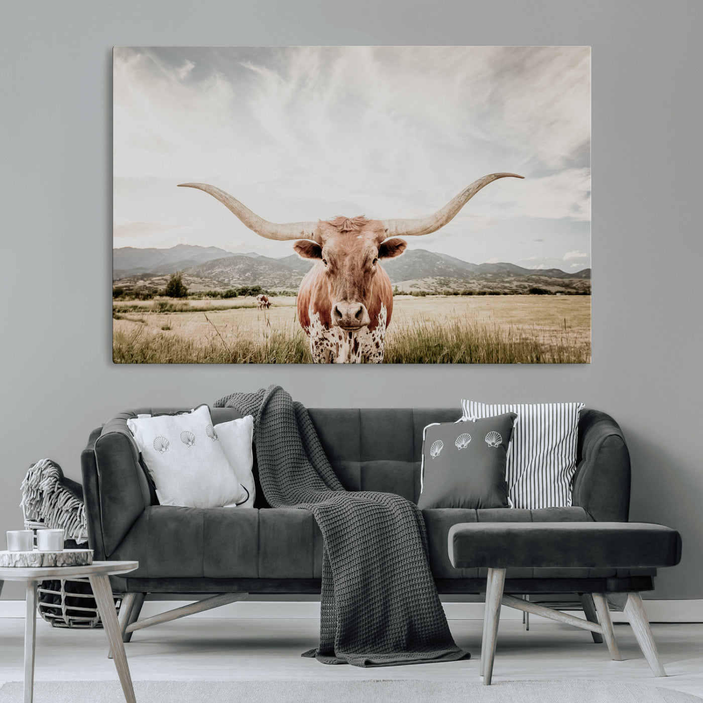 80054319-MGV-CV-36X24-Texas Longhorn Wall Art Canvas Print, Framed Western Cow Art Picture Print, Rustic Farmhouse Perfect Farmhouse Decor Artwork