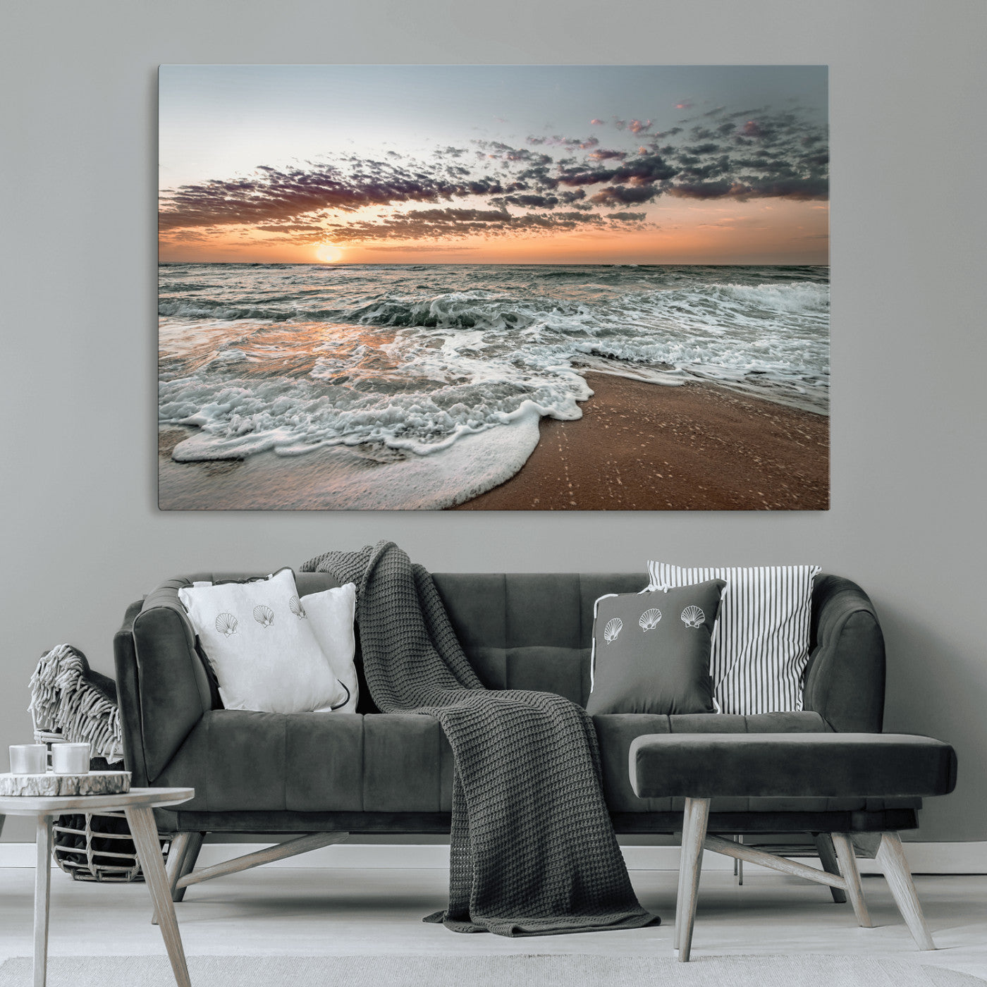 40632752-MGV-CV-36X24-Ocean Sunset Wall Art Canvas Print, Framed Beach Waves Art Picture Print, Coastal Scene Perfect Coastal Decor Artwork