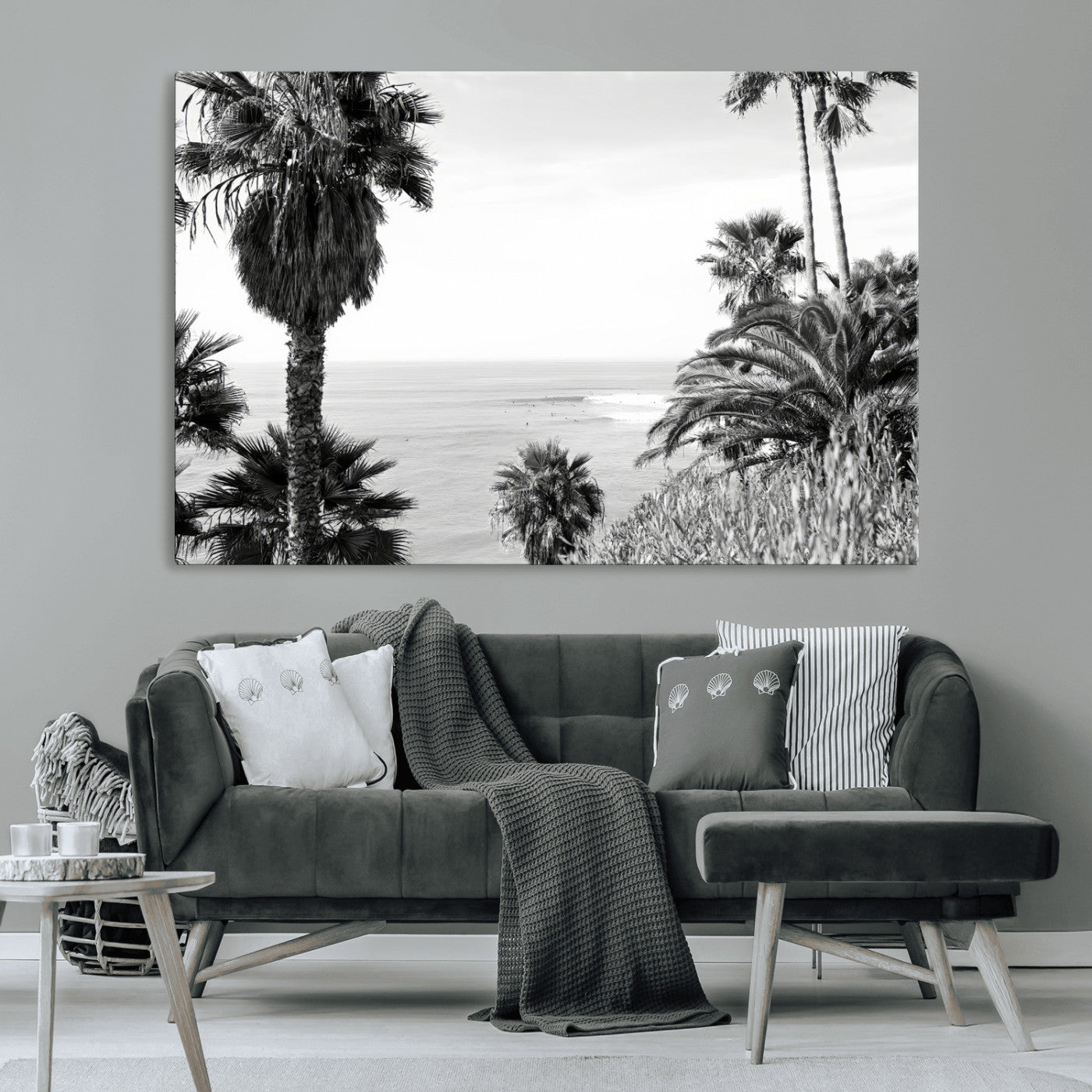 89458520-MGV-CV-36X24-Palm Trees Wall Art Canvas Print, Framed Coastal View Art Picture Print, Ocean Horizon Perfect Monochrome Coast Decor Artwork