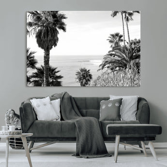 89458520-MGV-CV-36X24-Palm Trees Wall Art Canvas Print, Framed Coastal View Art Picture Print, Ocean Horizon Perfect Monochrome Coast Decor Artwork