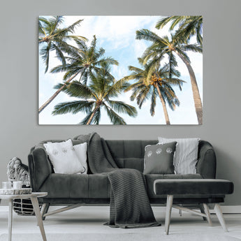 87247012-MGV-CV-36X24-Skyward Palm Trees Wall Art Canvas Print, Framed Tropical Sky Art Picture Print, Coconut Palm Perfect Tropical Skyview Decor