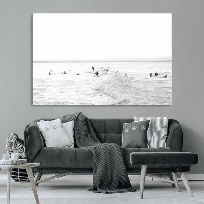 33449548-MGV-CV-36X24-Group Surfers Wall Art Canvas Print, Framed Ocean Wave Art Picture Print, Surf Crowd Perfect Monochrome Surf Decor Artwork