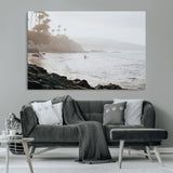 62501405-MGV-CV-36X24-Misty Beach Wall Art Canvas Print, Framed California Surfer Art Picture Print, Coastal Cliff Perfect Coastal Beach Decor Artwork