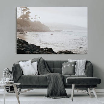 62501405-MGV-CV-36X24-Misty Beach Wall Art Canvas Print, Framed California Surfer Art Picture Print, Coastal Cliff Perfect Coastal Beach Decor Artwork