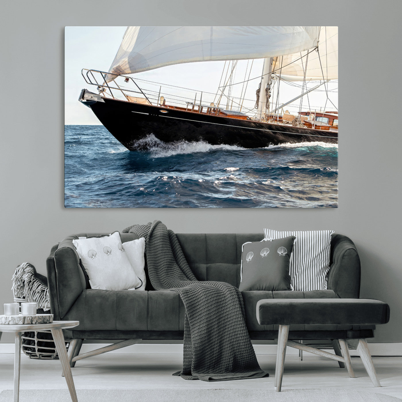 97168626-MGV-CV-36X24-Sailing Yacht Wall Art Canvas Print, Framed Wooden Yacht Art Picture Print, Ocean Waves Perfect Nautical Coastal Decor Artwork