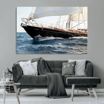 97168626-MGV-CV-36X24-Sailing Yacht Wall Art Canvas Print, Framed Wooden Yacht Art Picture Print, Ocean Waves Perfect Nautical Coastal Decor Artwork