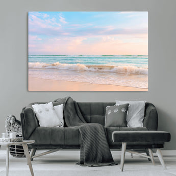74679437-MGV-CV-36X24-Pastel Ocean Wall Art Canvas Print, Framed Beach Waves Art Picture Print, Soft Sunset Perfect Pastel Coastal Decor Artwork